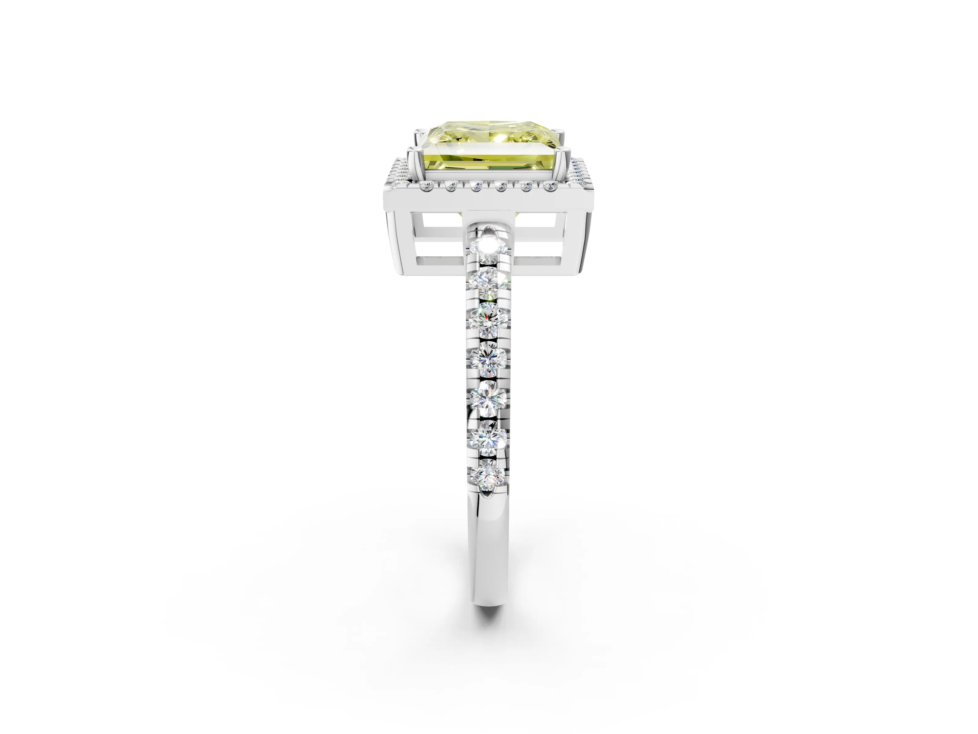 White gold Fancy Yellow Princess Cut Diamond Halo Ring with Pavé Band and Four-Prong Setting_14