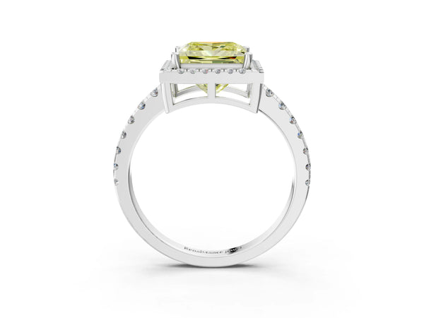 White gold Fancy Yellow Princess Cut Diamond Halo Ring with Pavé Band and Four-Prong Setting