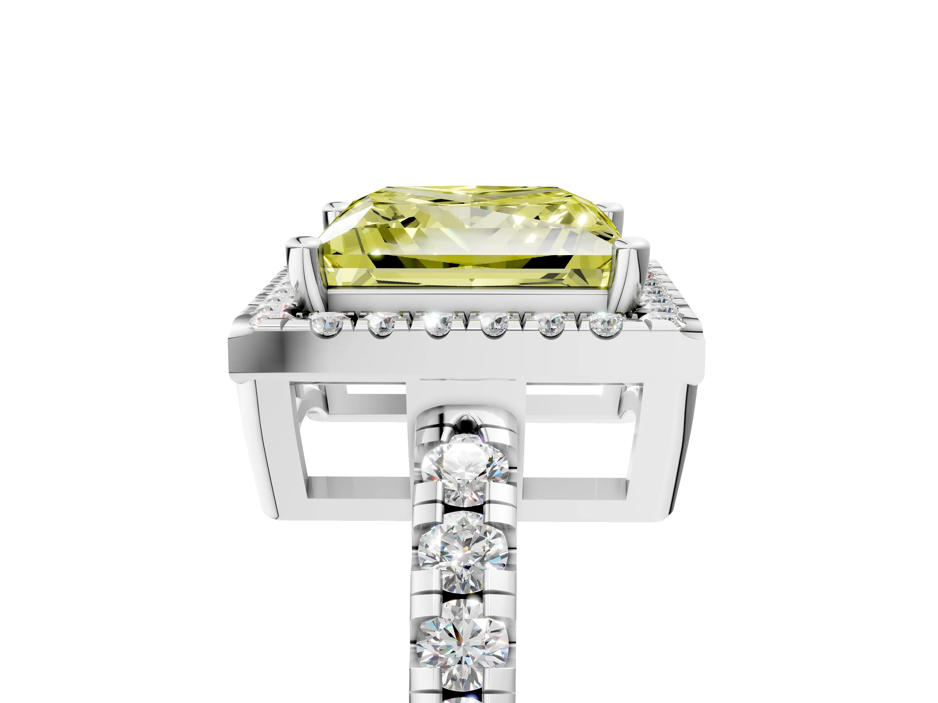 White gold Fancy Yellow Princess Cut Diamond Halo Ring with Pavé Band and Four-Prong Setting_17