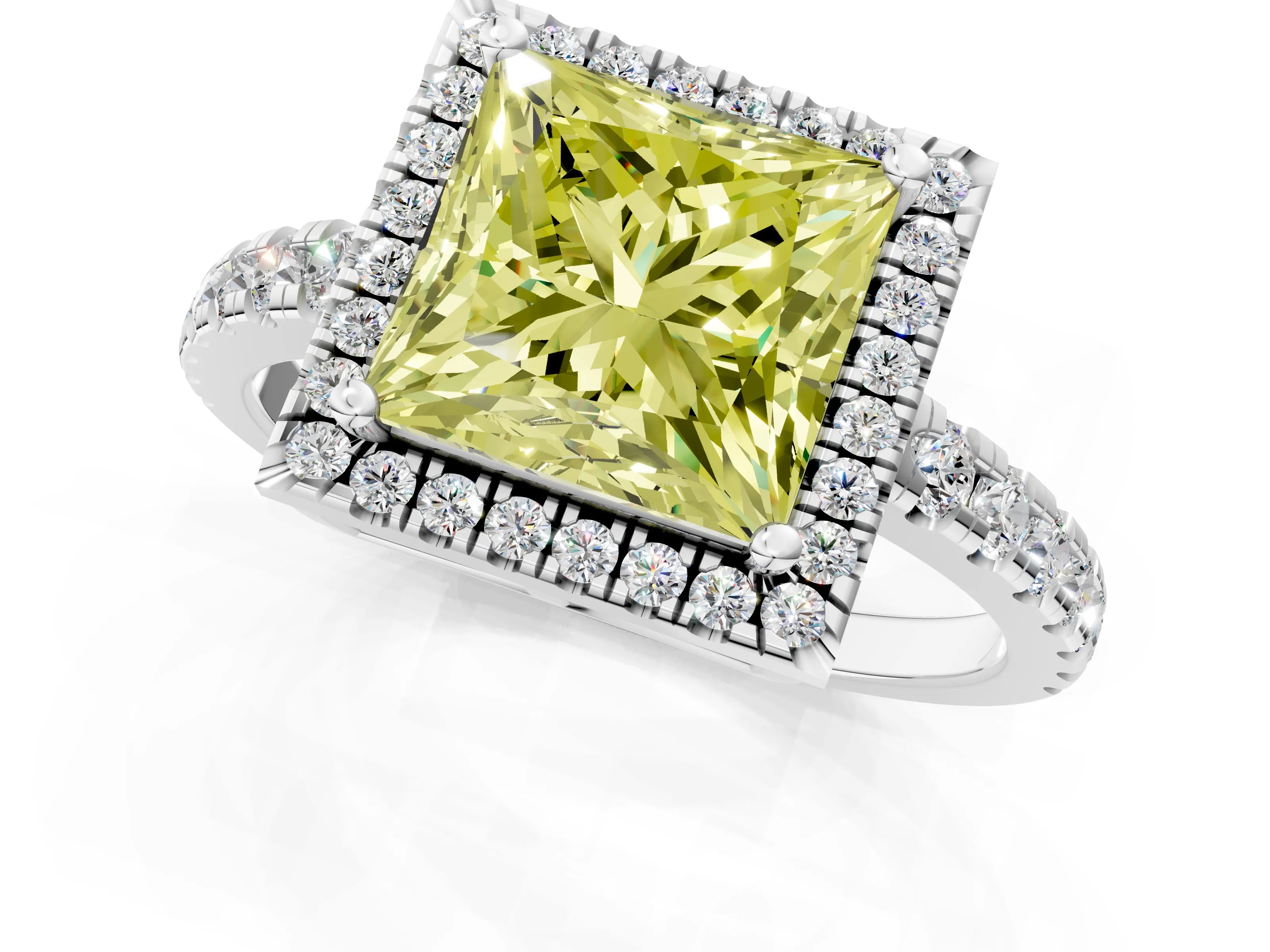 White gold Fancy Yellow Princess Cut Diamond Halo Ring with Pavé Band and Four-Prong Setting_1