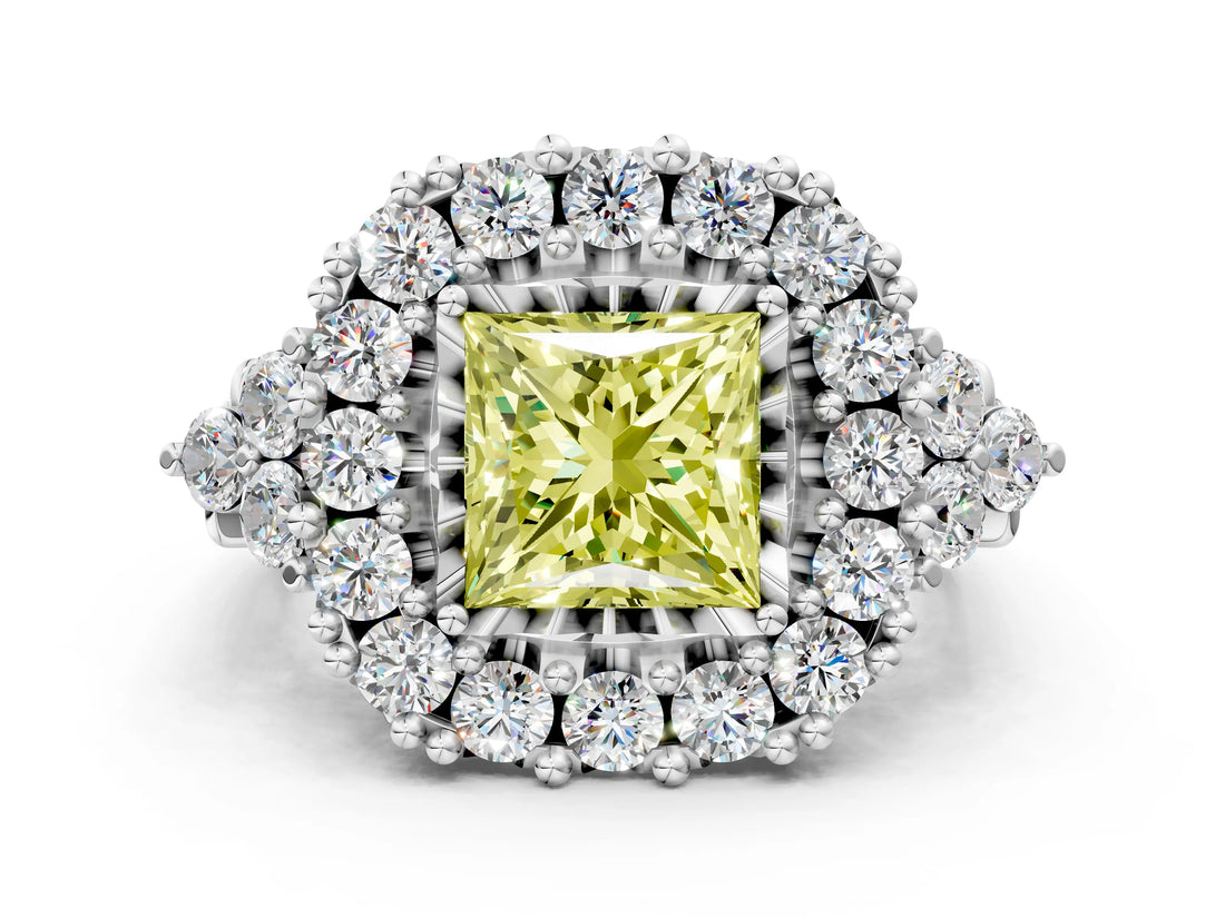 White gold Fancy Yellow Princess Cut Diamond Halo Ring with Pavé Band and Four-Prong Setting_28