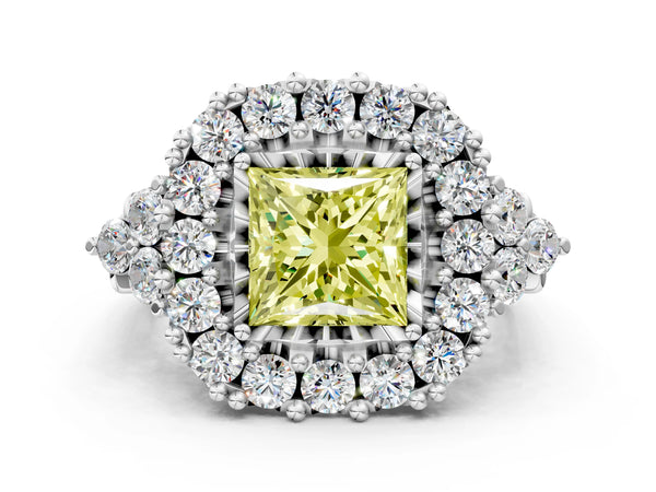 Platinum Princess Cut Halo Crossover Pave Engagement Ring Setting for Fancy Yellow Center
