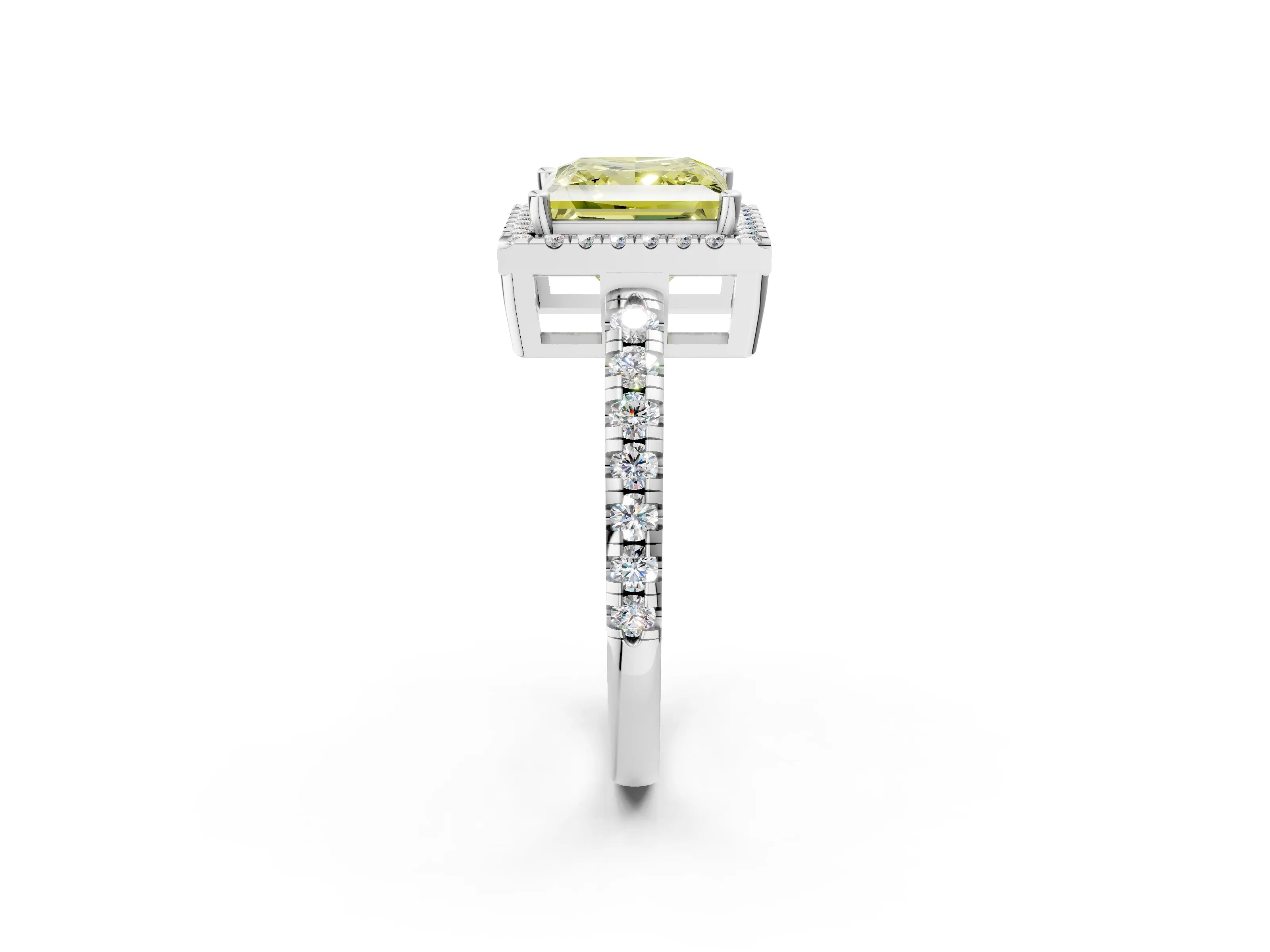 White gold Fancy Yellow Princess Cut Diamond Halo Ring with Pavé Band and Four-Prong Setting_2