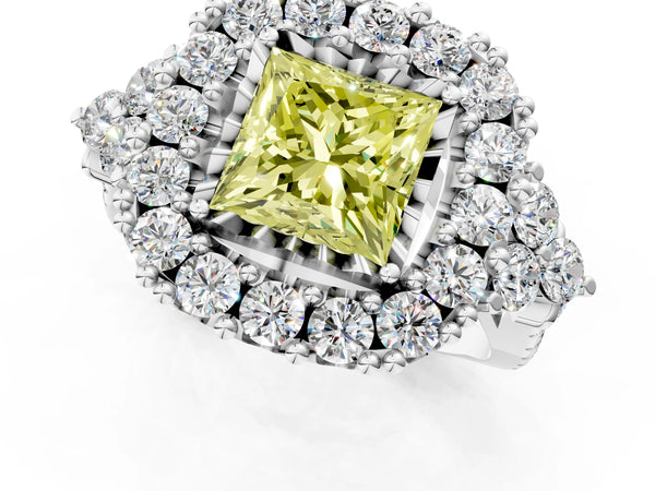Platinum Princess Cut Halo Crossover Pave Engagement Ring Setting for Fancy Yellow Center