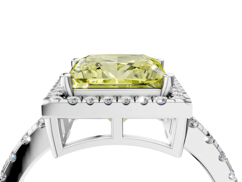 White gold Fancy Yellow Princess Cut Diamond Halo Ring with Pavé Band and Four-Prong Setting_4