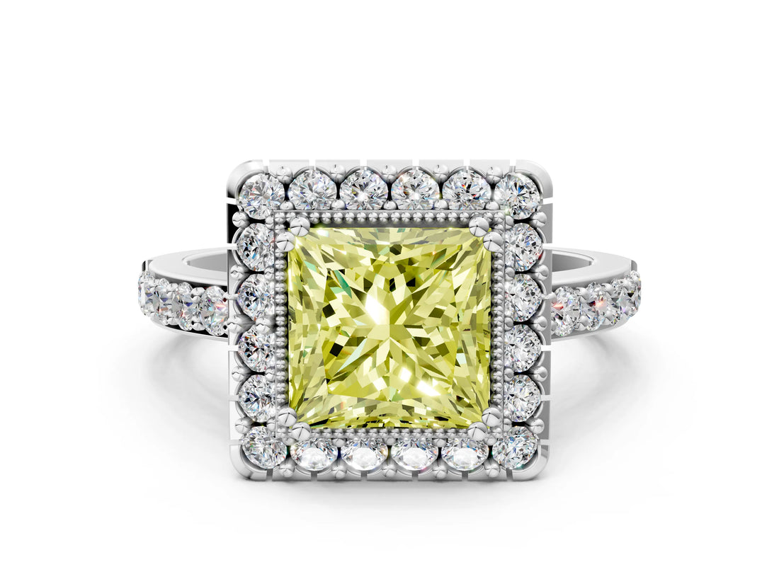 White gold Fancy Yellow Princess Cut Diamond Halo Ring with Pavé Band and Prong Setting