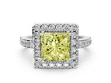 White gold Fancy Yellow Princess Cut Diamond Halo Ring with Pavé Band and Prong Setting_12