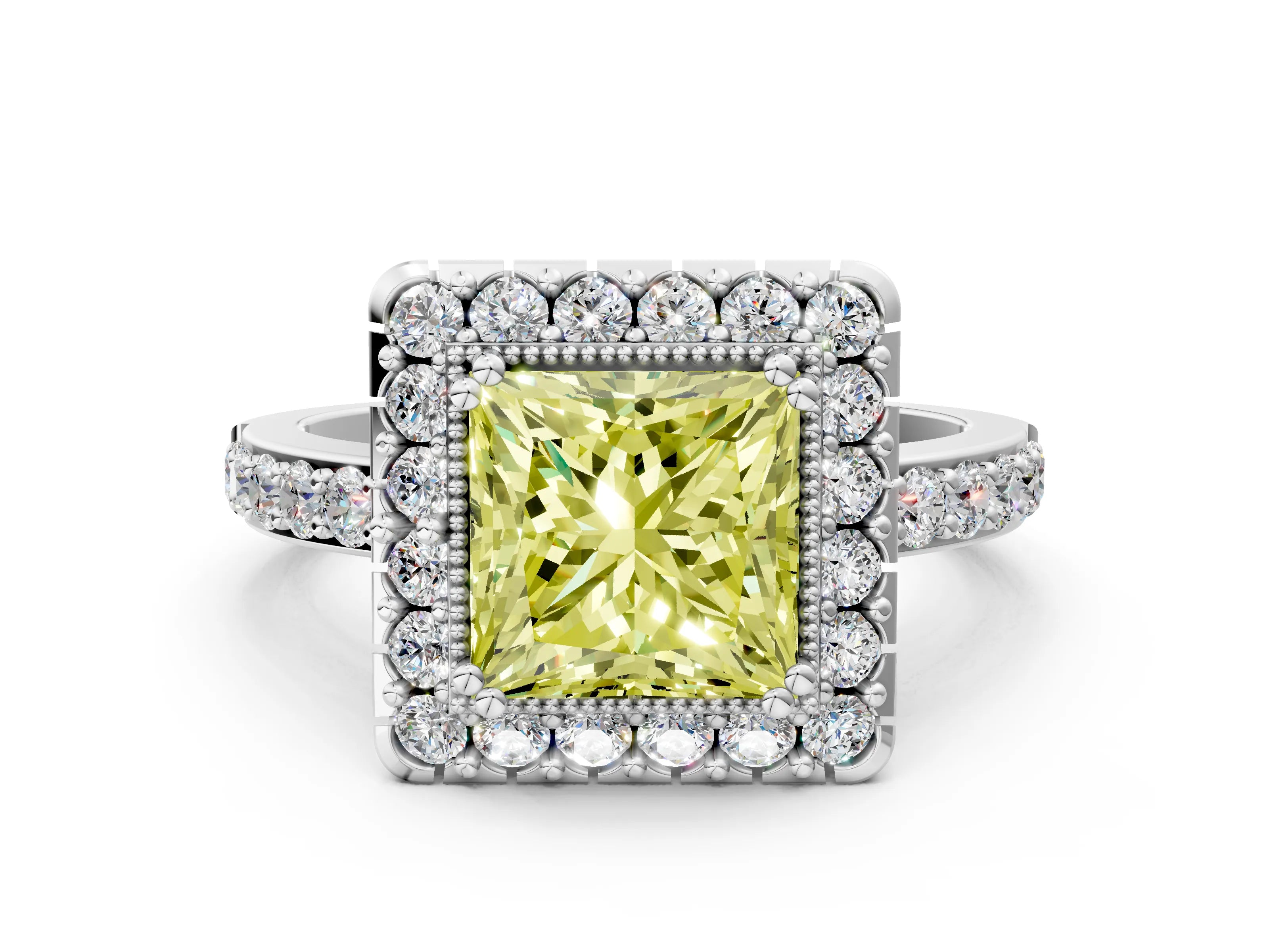 White gold Fancy Yellow Princess Cut Diamond Halo Ring with Pavé Band and Prong Setting_12