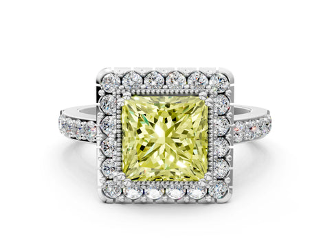 White gold Fancy Yellow Princess Cut Diamond Halo Ring with Pavé Band and Prong Setting_12