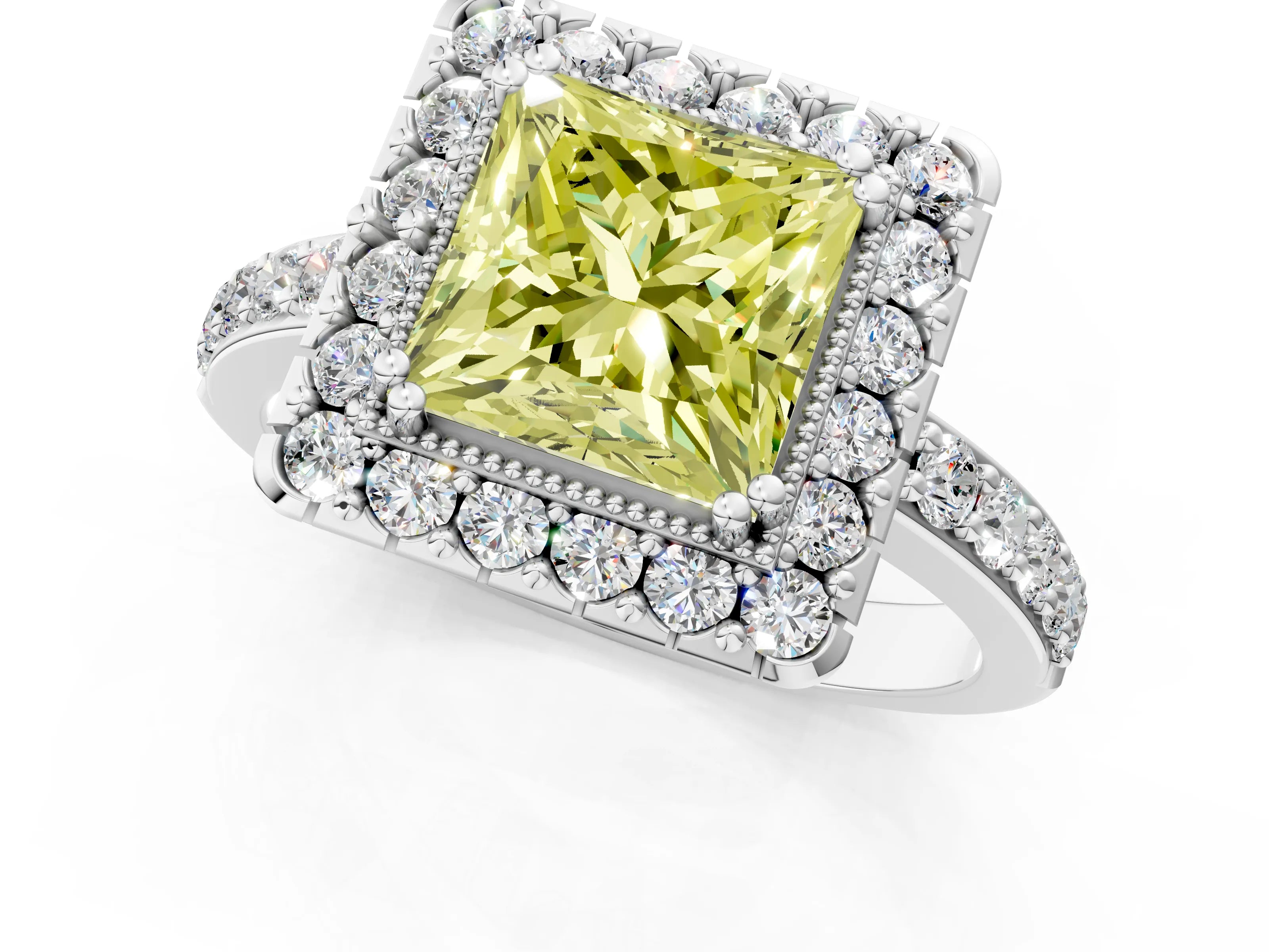 White gold Fancy Yellow Princess Cut Diamond Halo Ring with Pavé Band and Prong Setting_13