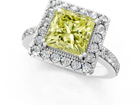 White gold Fancy Yellow Princess Cut Diamond Halo Ring with Pavé Band and Prong Setting_13