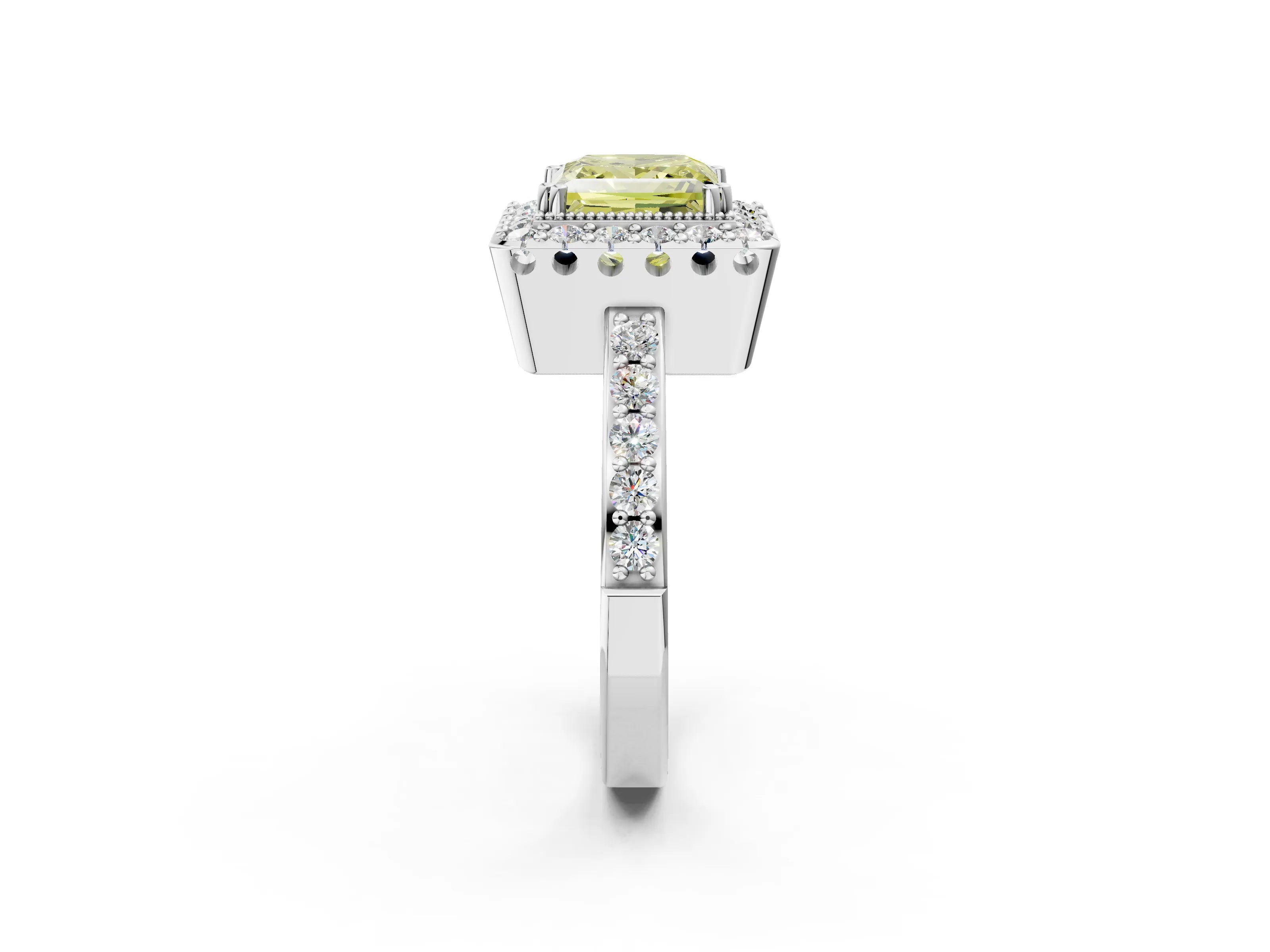 White gold Fancy Yellow Princess Cut Diamond Halo Ring with Pavé Band and Prong Setting_14
