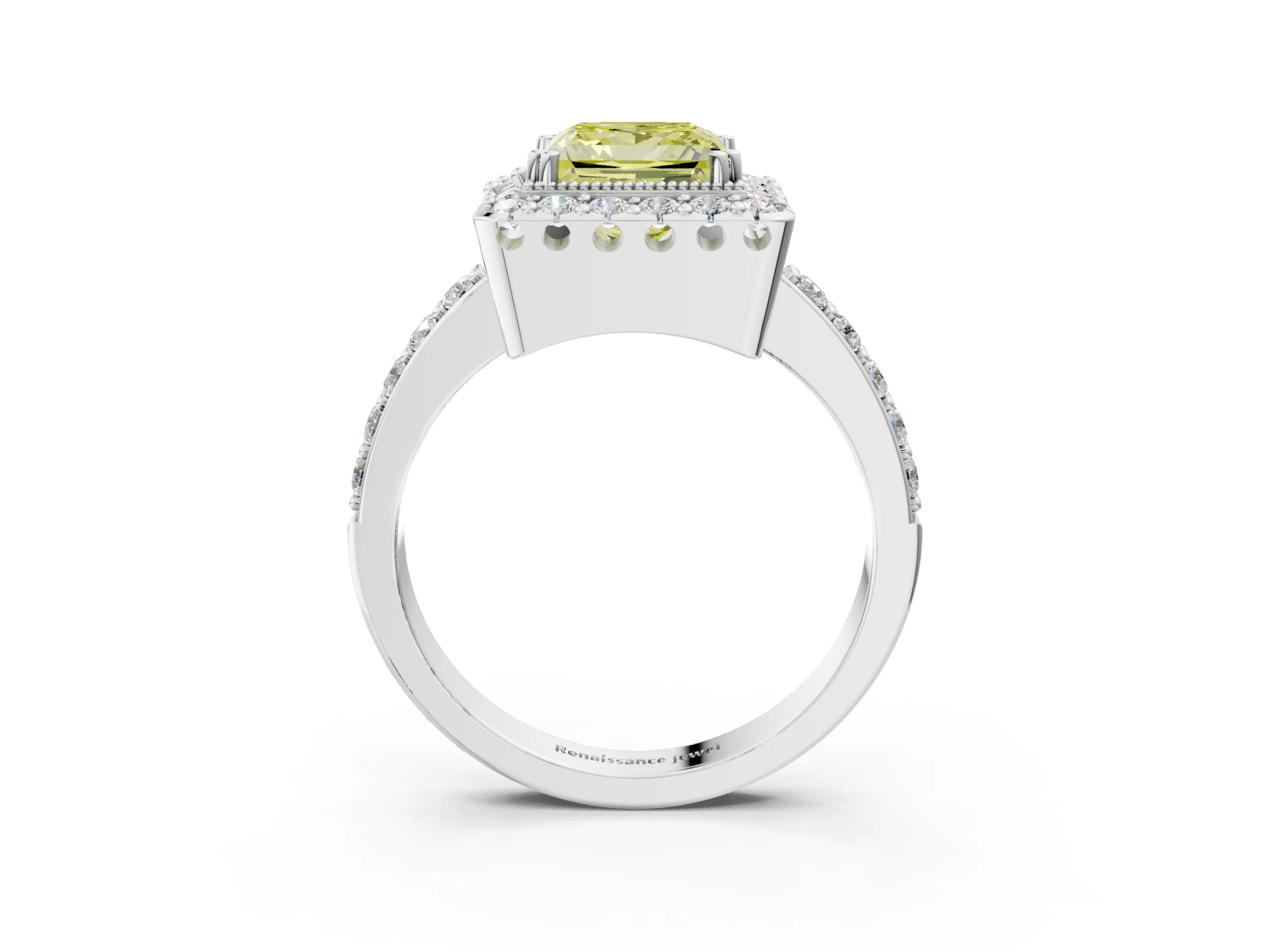 White gold Fancy Yellow Princess Cut Diamond Halo Ring with Pavé Band and Prong Setting_15