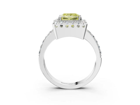 White gold Fancy Yellow Princess Cut Diamond Halo Ring with Pavé Band and Prong Setting_15