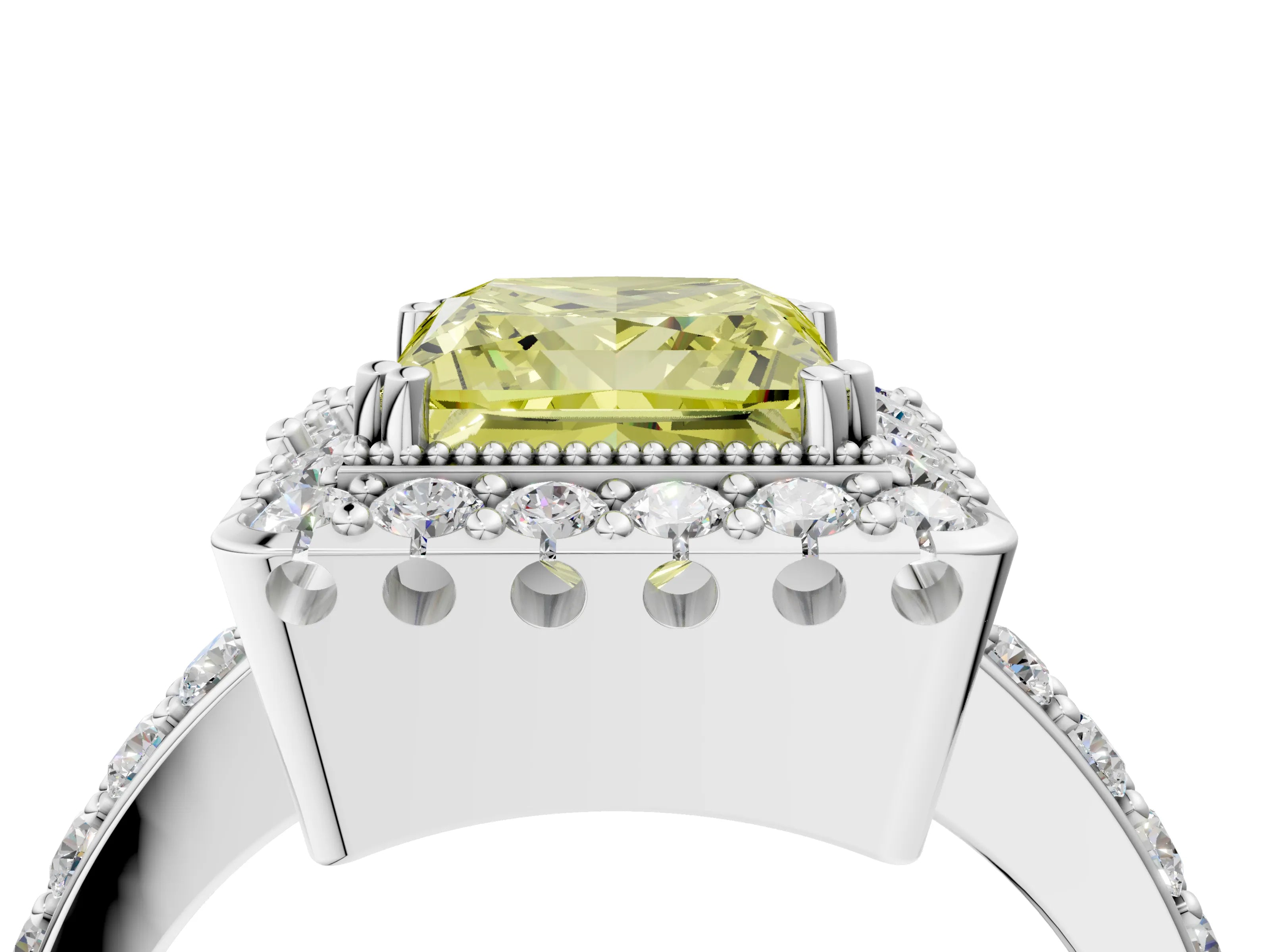 White gold Fancy Yellow Princess Cut Diamond Halo Ring with Pavé Band and Prong Setting_16