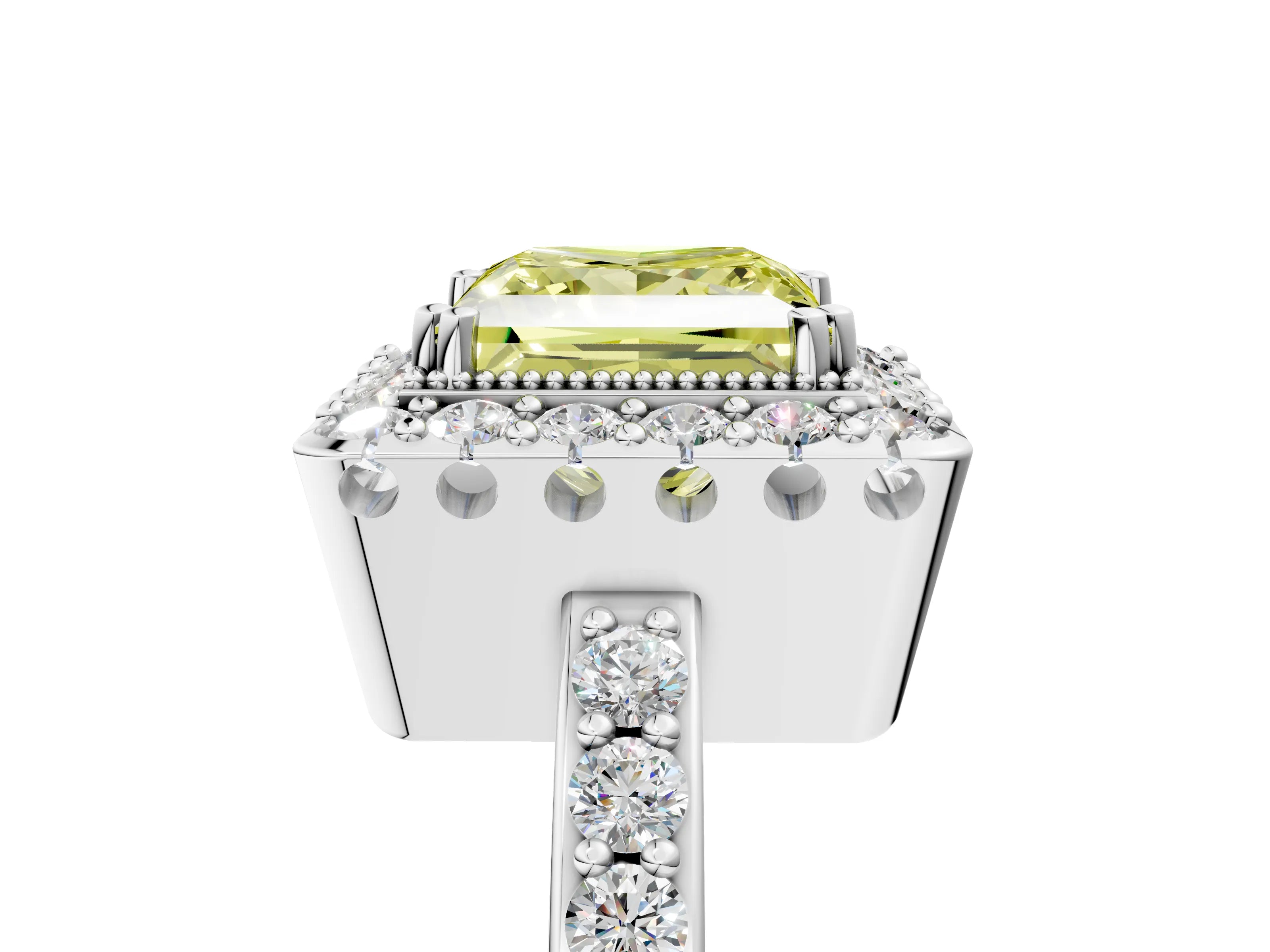 White gold Fancy Yellow Princess Cut Diamond Halo Ring with Pavé Band and Prong Setting_17