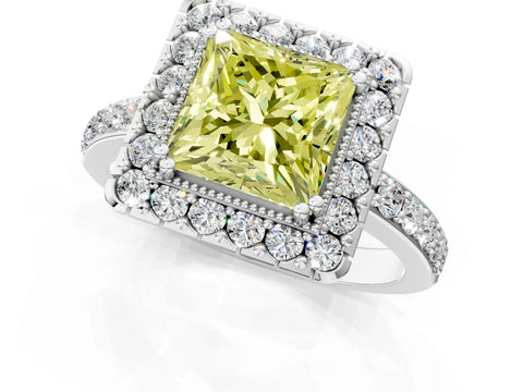 White gold Fancy Yellow Princess Cut Diamond Halo Ring with Pavé Band and Prong Setting_1