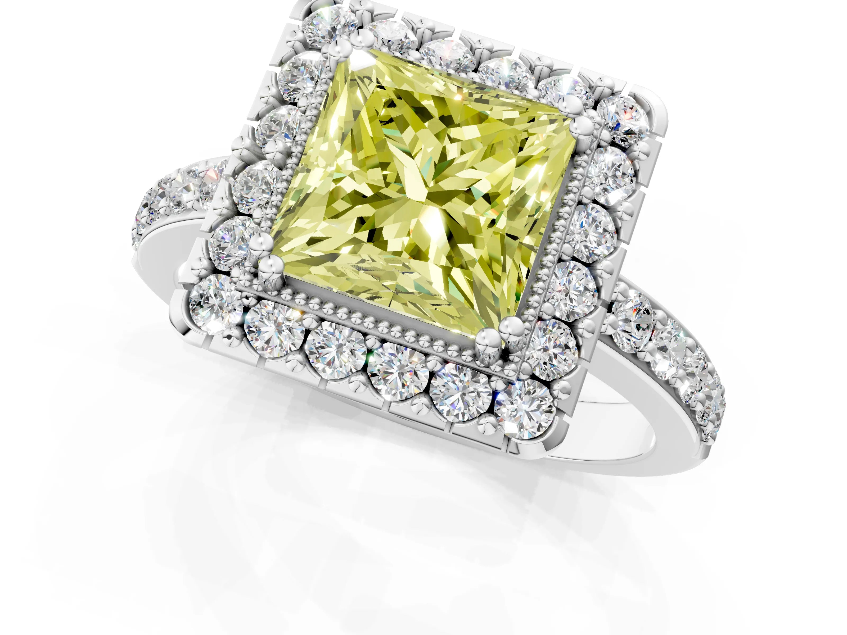 White gold Fancy Yellow Princess Cut Diamond Halo Ring with Pavé Band and Prong Setting_1