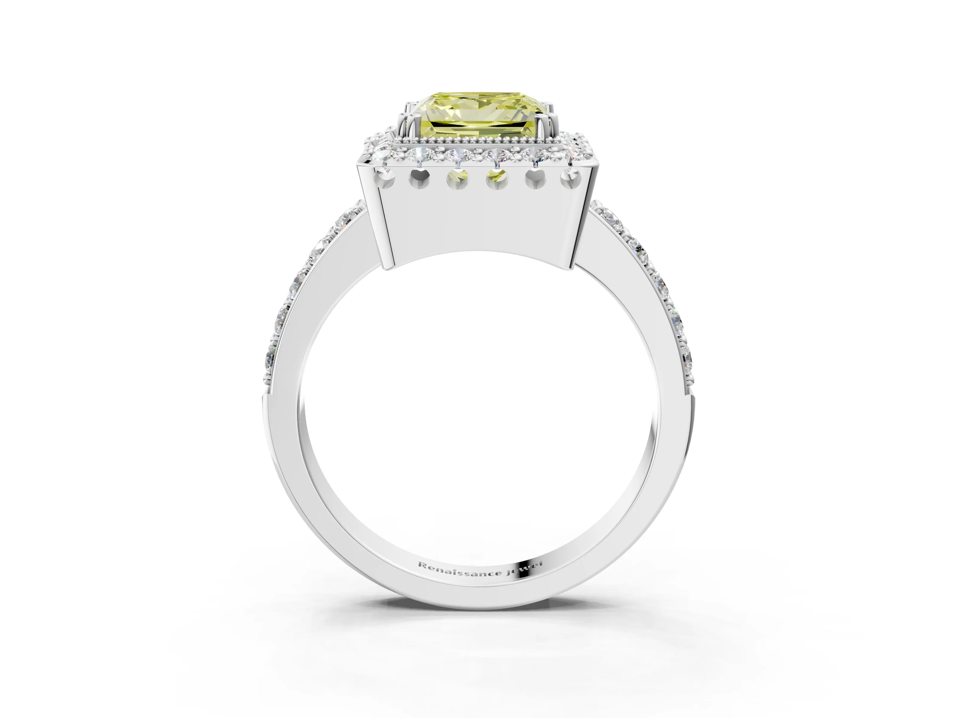 White gold Fancy Yellow Princess Cut Diamond Halo Ring with Pavé Band and Prong Setting_3
