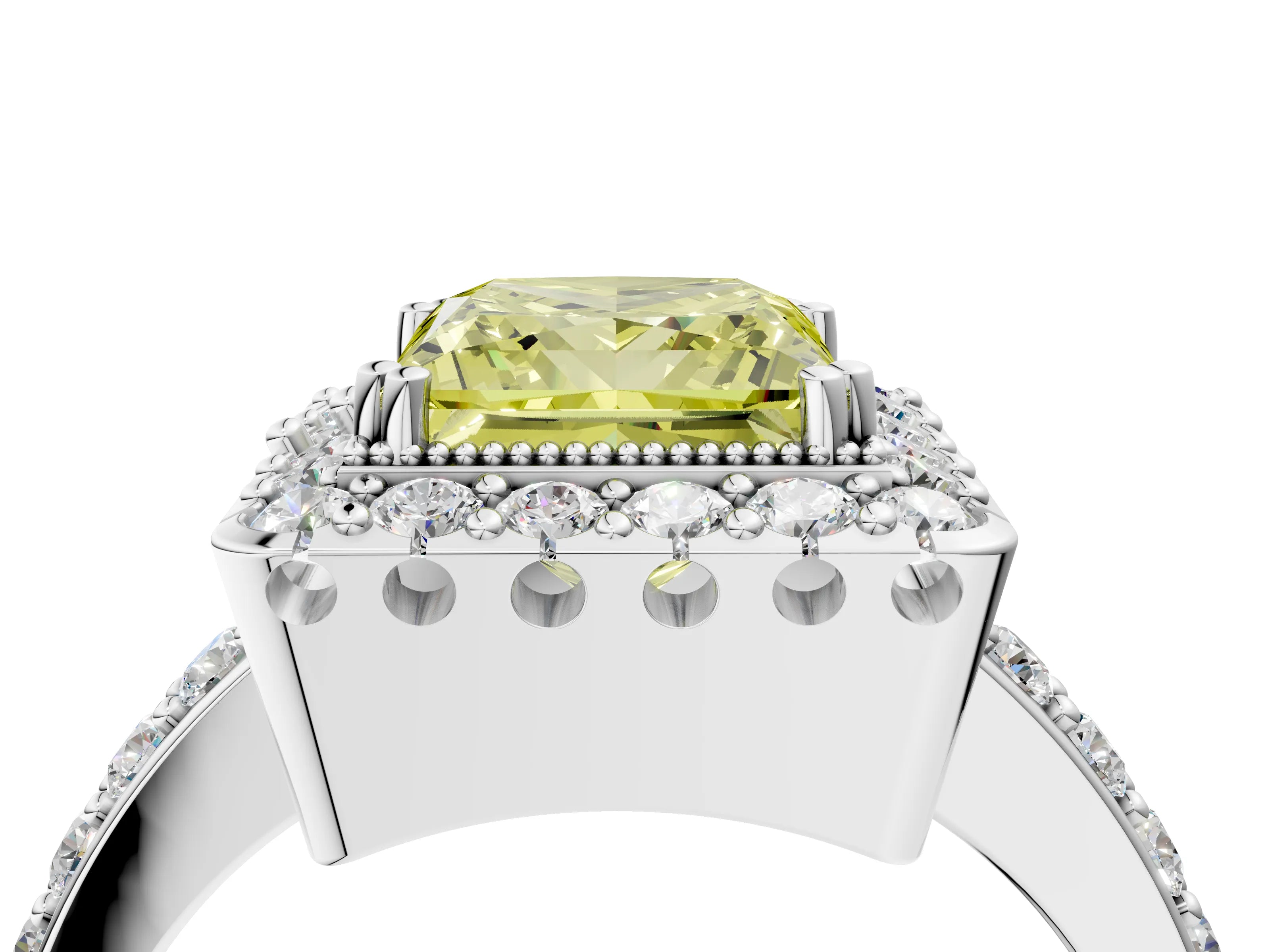 White gold Fancy Yellow Princess Cut Diamond Halo Ring with Pavé Band and Prong Setting_4
