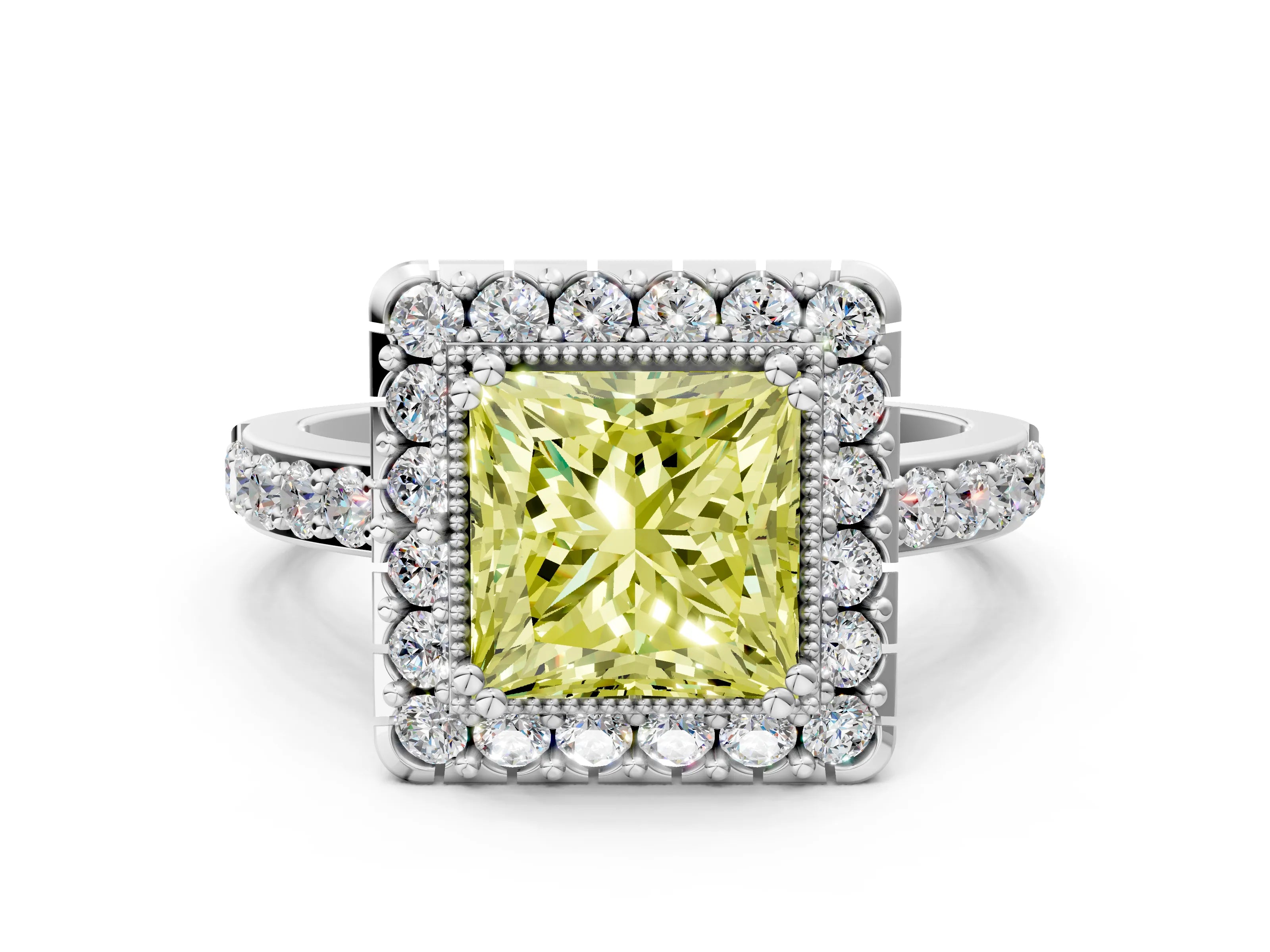 White gold Fancy Yellow Princess Cut Diamond Halo Ring with Pavé Band and Prong Setting