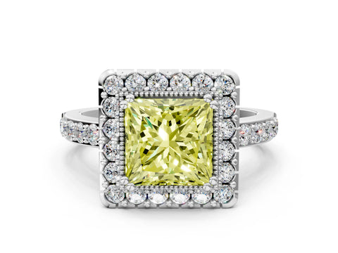 White gold Fancy Yellow Princess Cut Diamond Halo Ring with Pavé Band and Prong Setting