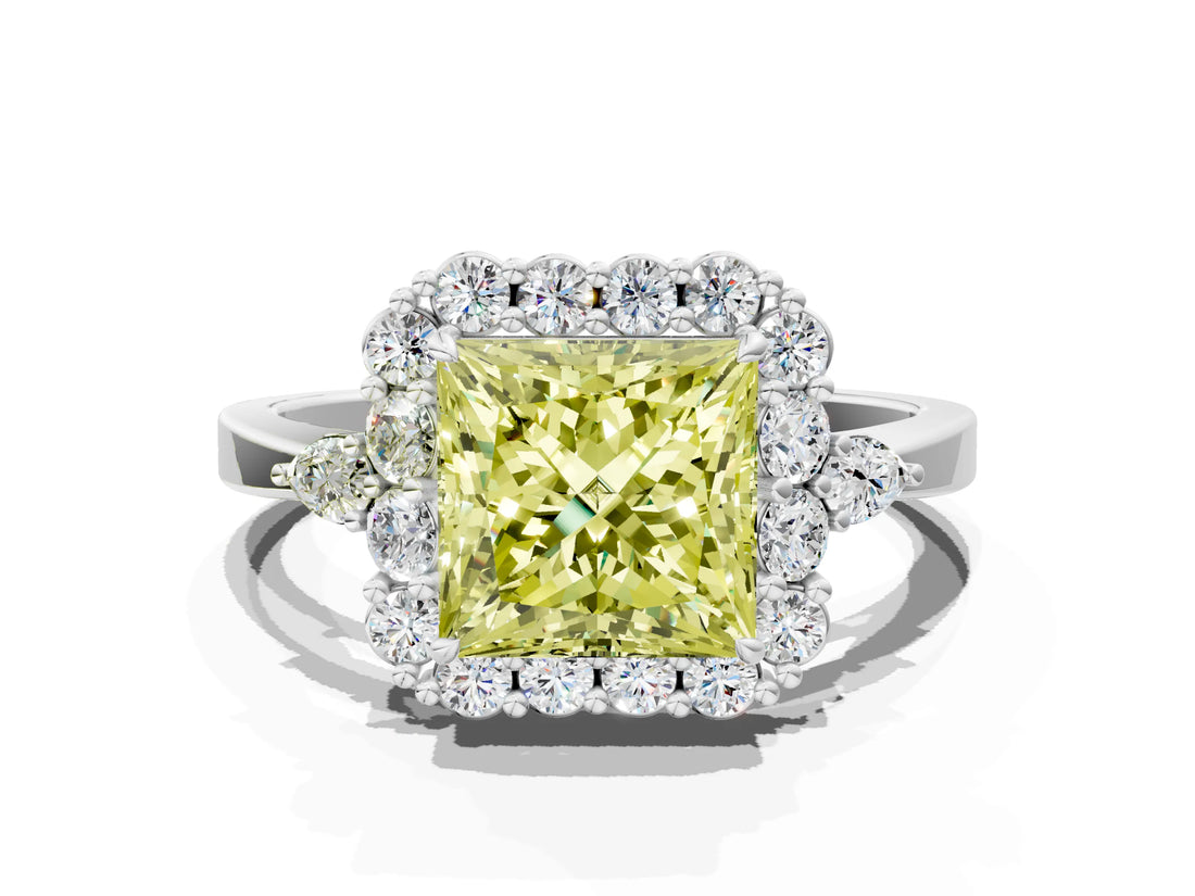 White gold Fancy Yellow Princess Cut Diamond Halo Ring with Pear Side Stones and Prong Setting_40