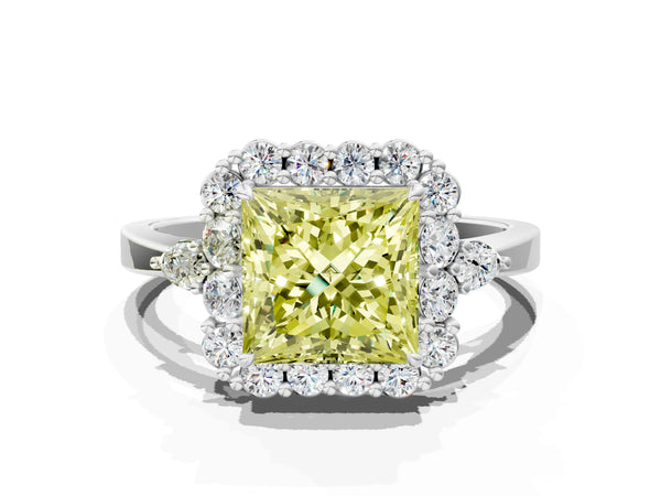 Platinum Princess Cut Halo Engagement Ring Setting for Fancy Yellow Center with Pear Accents