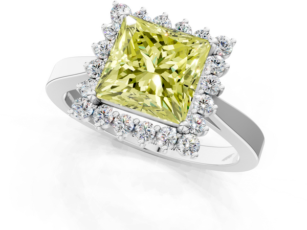 White gold Fancy Yellow Princess  Cut Diamond Halo Ring with Round Brilliant Halo and Solitaire Band