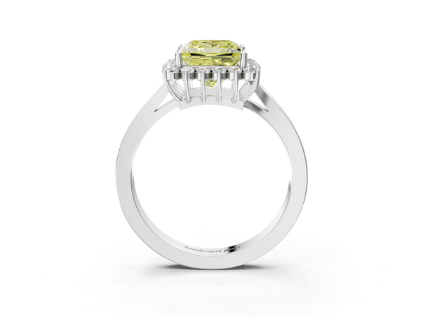 White gold Fancy Yellow Princess  Cut Diamond Halo Ring with Round Brilliant Halo and Solitaire Band