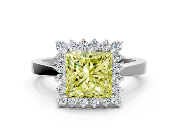 White gold Fancy Yellow Princess  Cut Diamond Halo Ring with Round Brilliant Halo and Solitaire Band