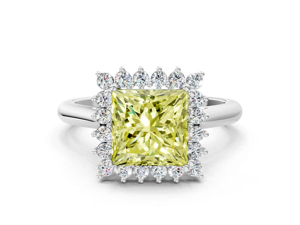 Platinum Fancy Yellow Princess  Cut Diamond Halo Ring with Solitaire Band and Prong Setting
