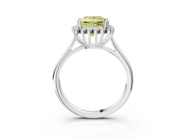 Platinum Fancy Yellow Princess  Cut Diamond Halo Ring with Solitaire Band and Prong Setting
