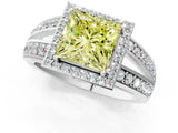 White gold Fancy Yellow Princess Cut Diamond Halo Ring with Split Shank Pavé Band and Four-Prong Setting_1