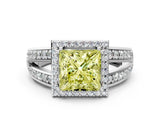 White gold Fancy Yellow Princess Cut Diamond Halo Ring with Split Shank Pavé Band and Four-Prong Setting_12