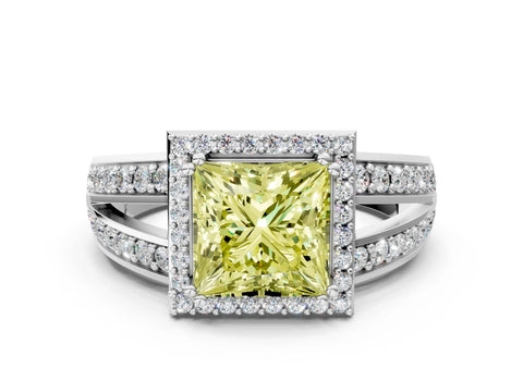 White gold Fancy Yellow Princess Cut Diamond Halo Ring with Split Shank Pavé Band and Four-Prong Setting_12