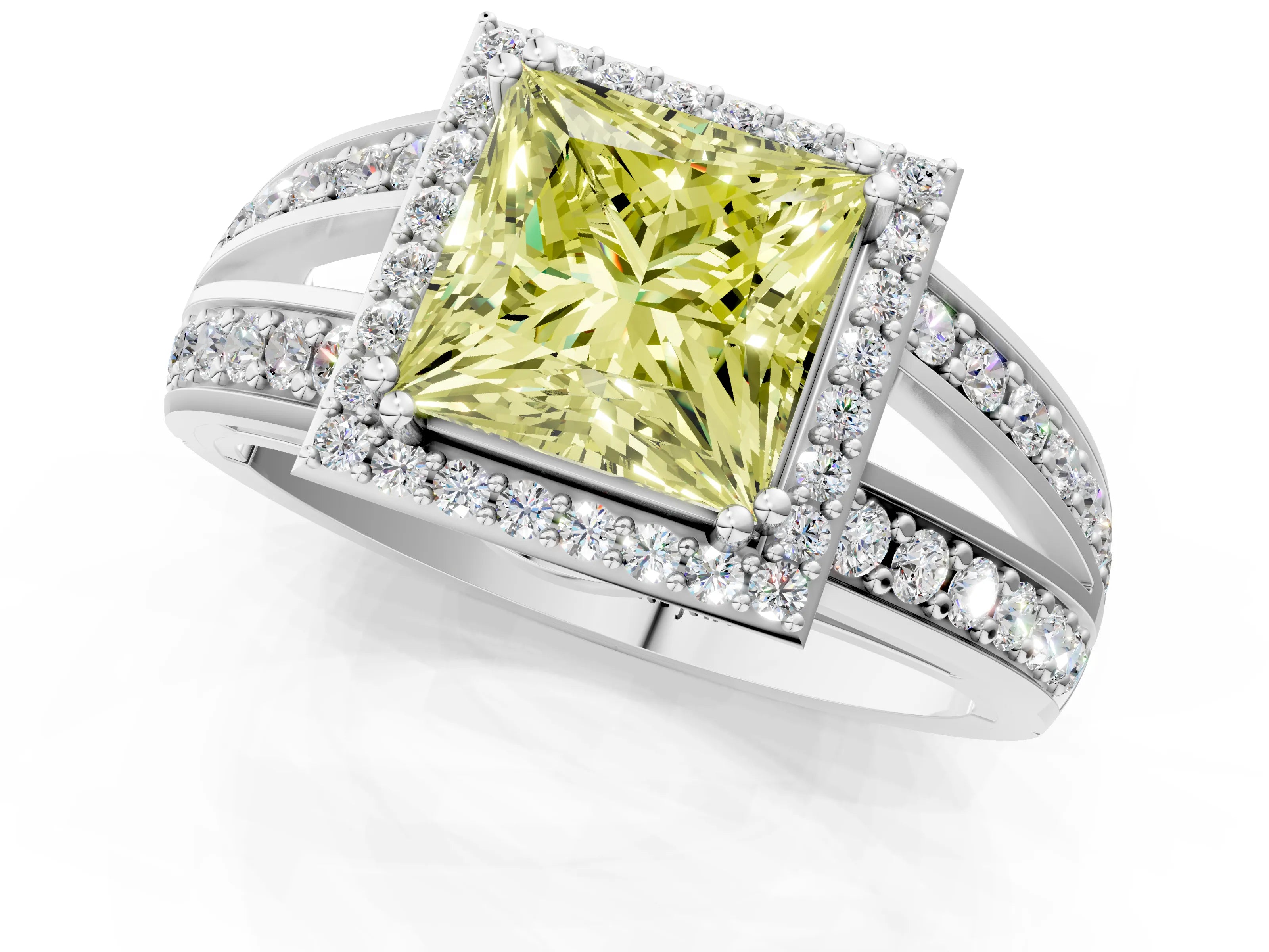 White gold Fancy Yellow Princess Cut Diamond Halo Ring with Split Shank Pavé Band and Four-Prong Setting_13