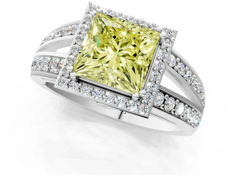 White gold Fancy Yellow Princess Cut Diamond Halo Ring with Split Shank Pavé Band and Four-Prong Setting_13