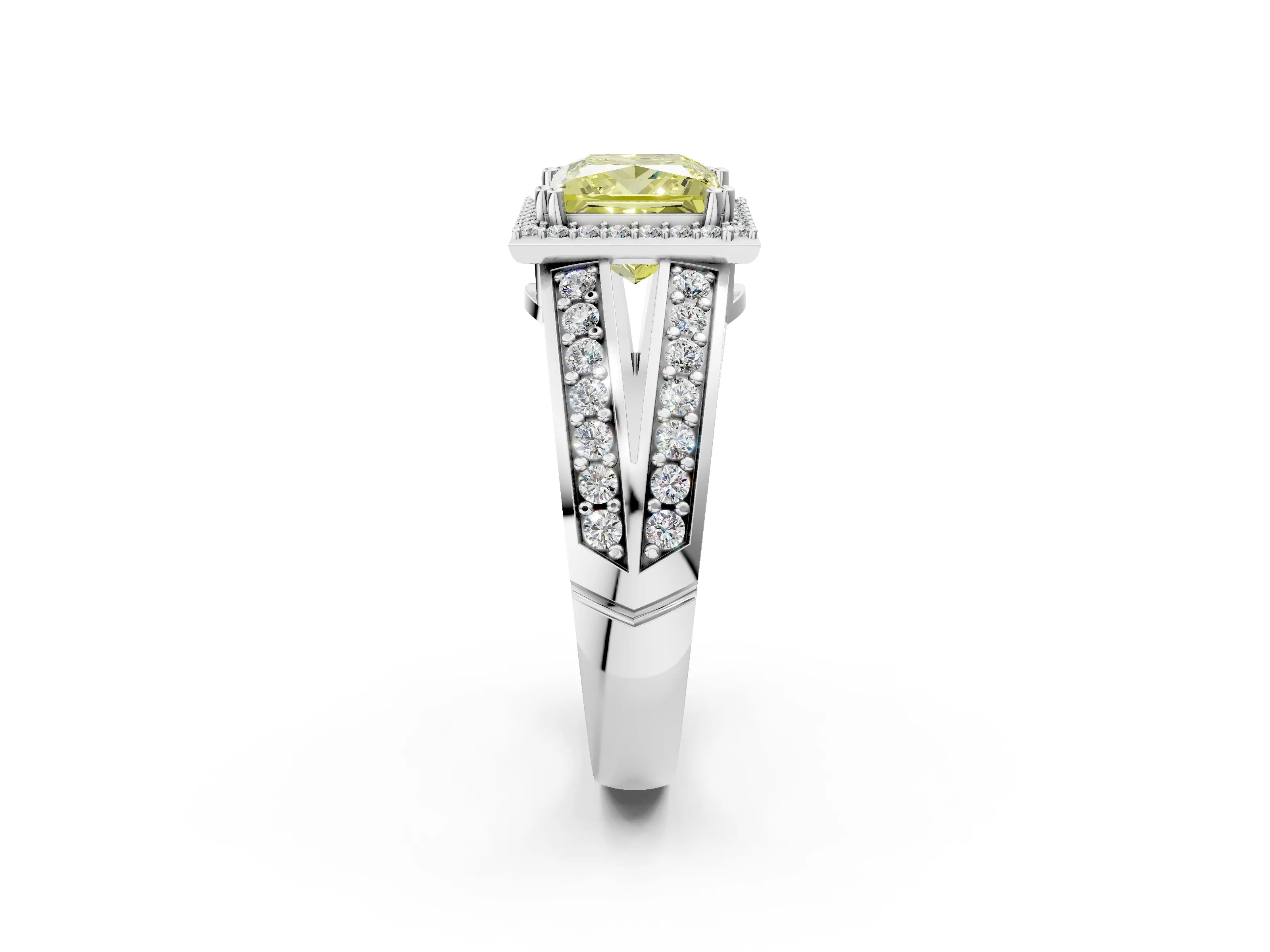 White gold Fancy Yellow Princess Cut Diamond Halo Ring with Split Shank Pavé Band and Four-Prong Setting_14