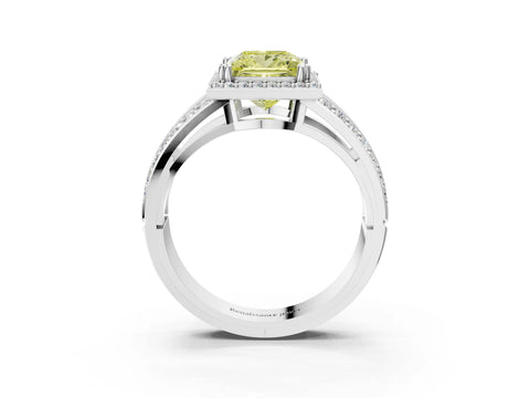 White gold Fancy Yellow Princess Cut Diamond Halo Ring with Split Shank Pavé Band and Four-Prong Setting_15