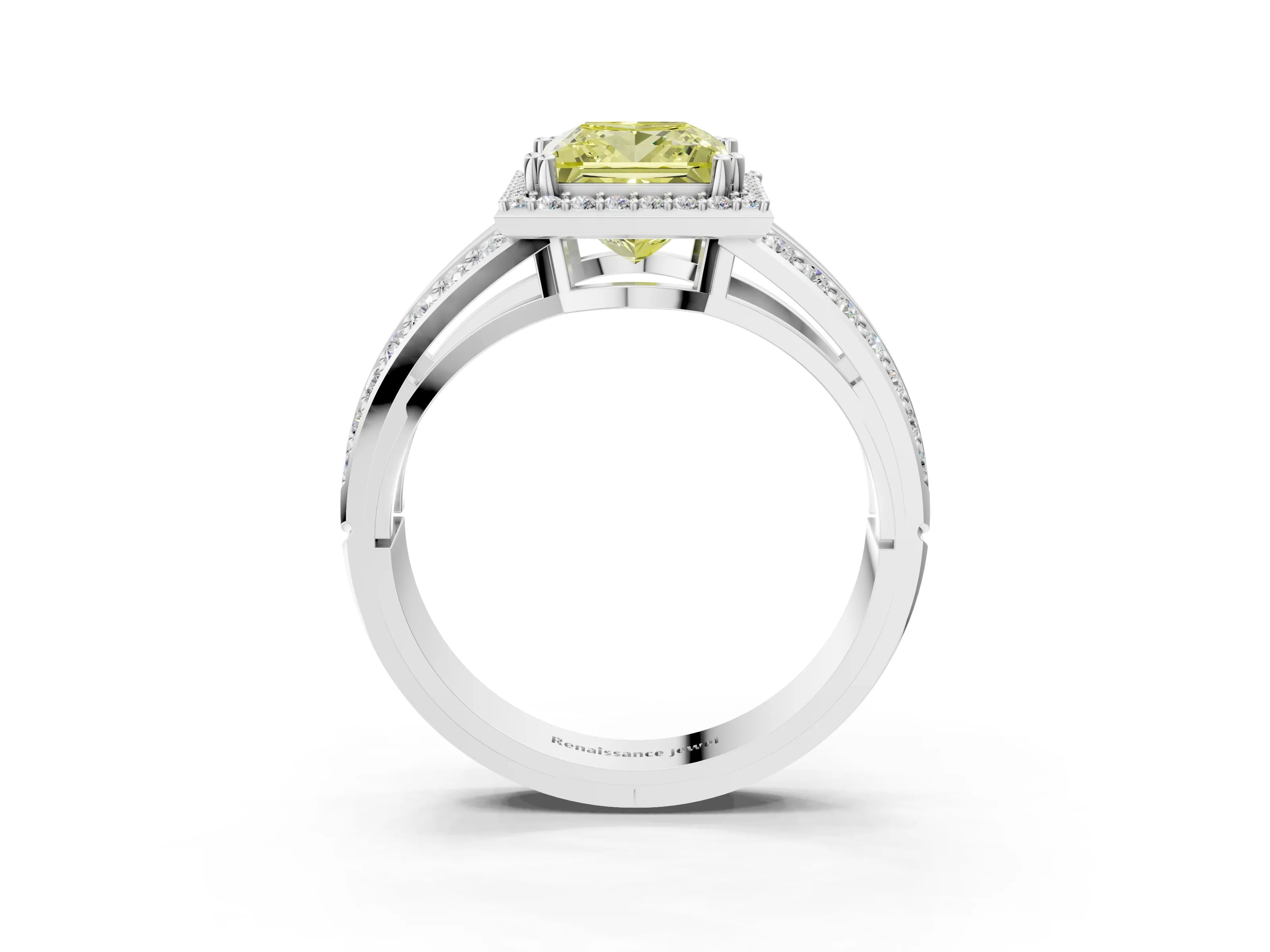 White gold Fancy Yellow Princess Cut Diamond Halo Ring with Split Shank Pavé Band and Four-Prong Setting_15