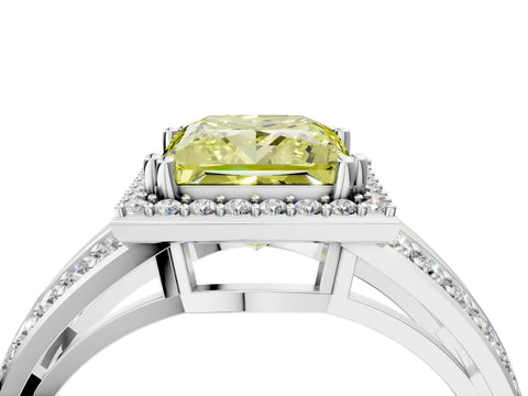 White gold Fancy Yellow Princess Cut Diamond Halo Ring with Split Shank Pavé Band and Four-Prong Setting_16