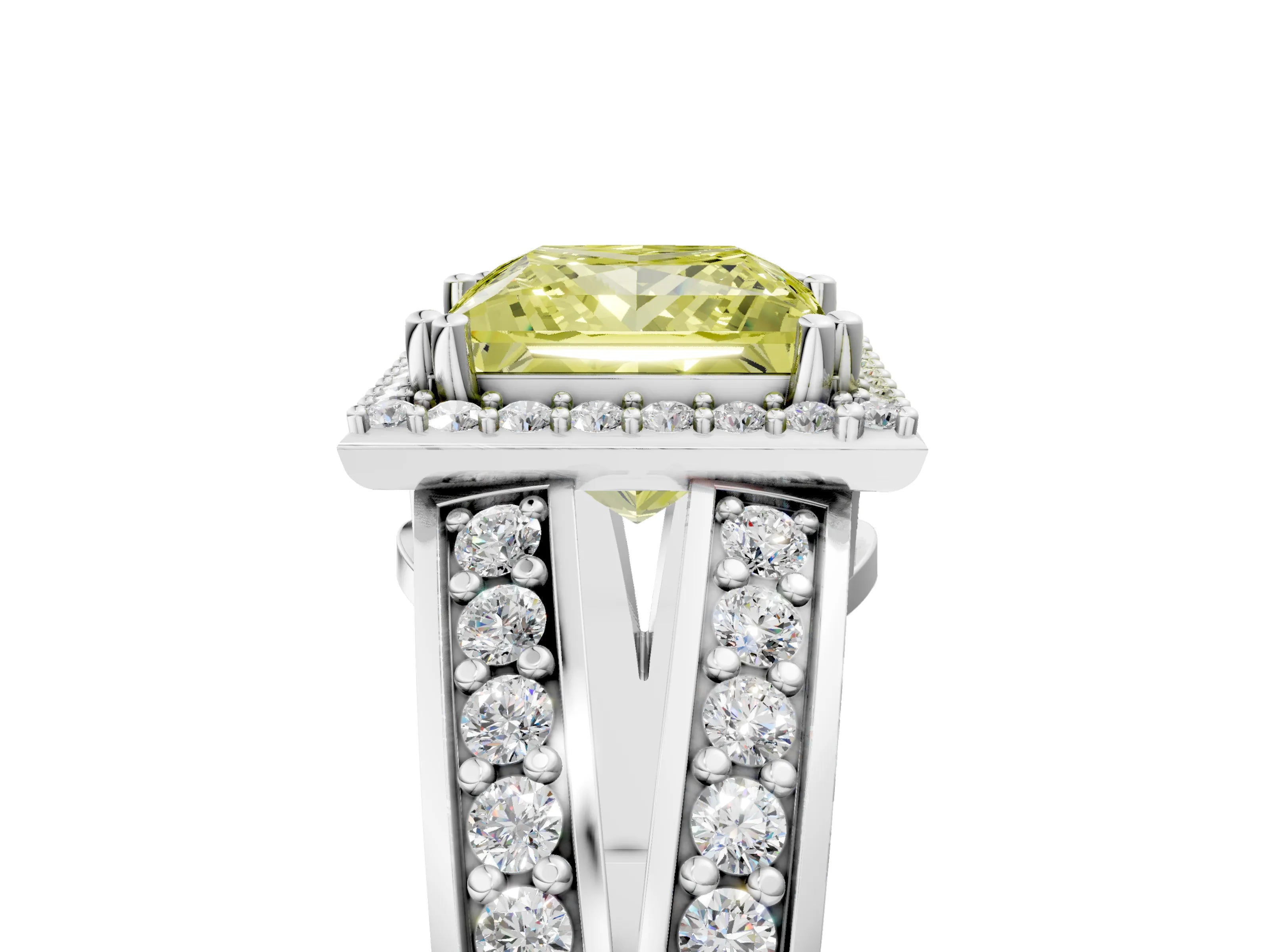 White gold Fancy Yellow Princess Cut Diamond Halo Ring with Split Shank Pavé Band and Four-Prong Setting_17