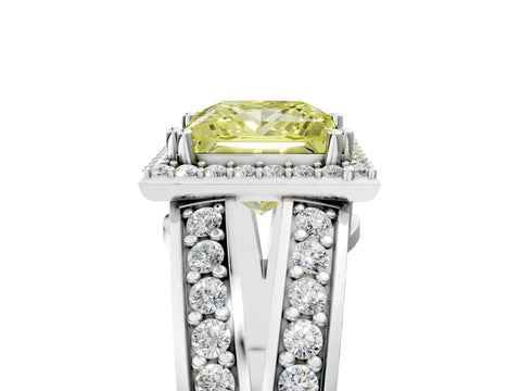 White gold Fancy Yellow Princess Cut Diamond Halo Ring with Split Shank Pavé Band and Four-Prong Setting_17
