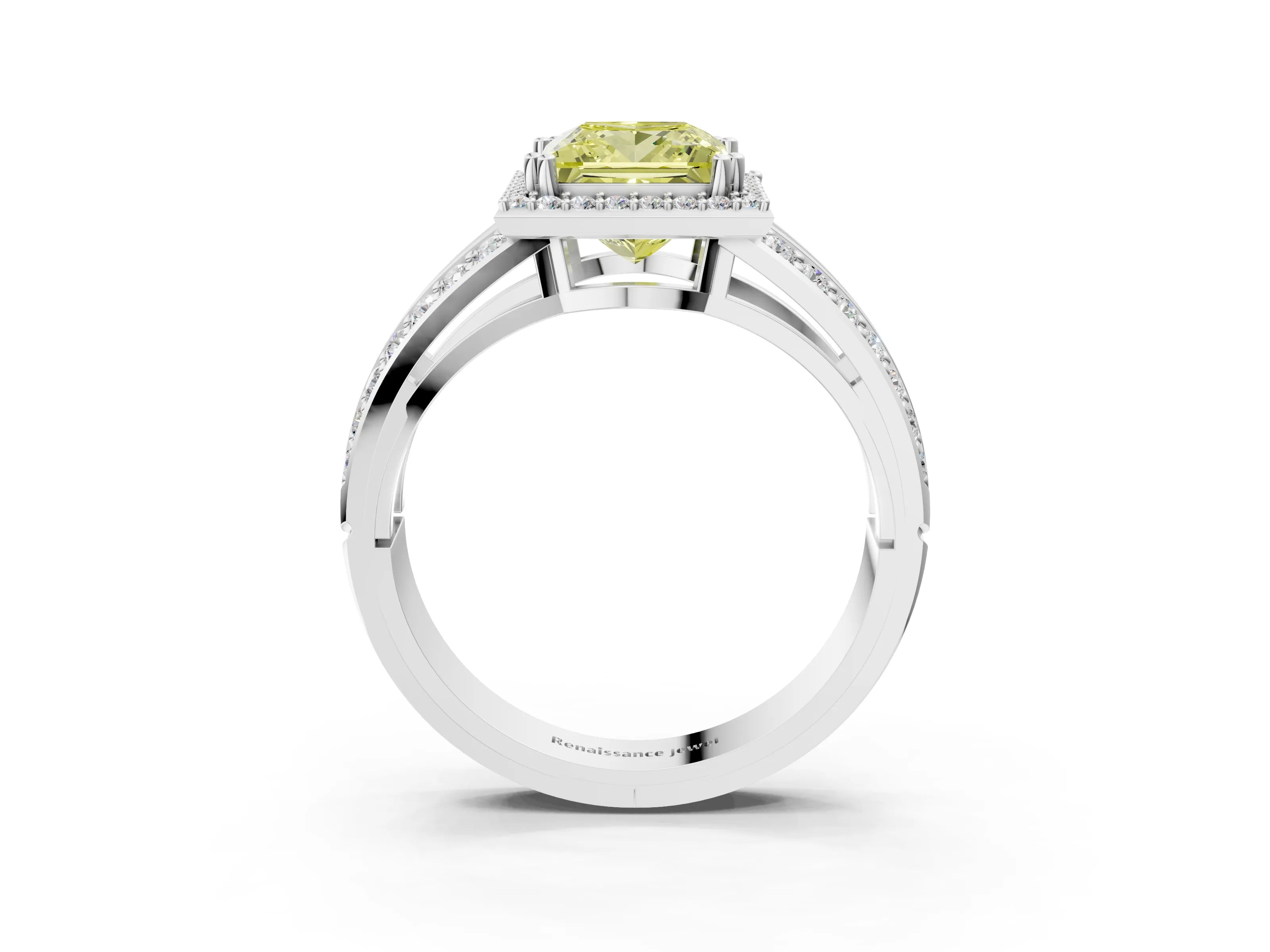 White gold Fancy Yellow Princess Cut Diamond Halo Ring with Split Shank Pavé Band and Four-Prong Setting_3