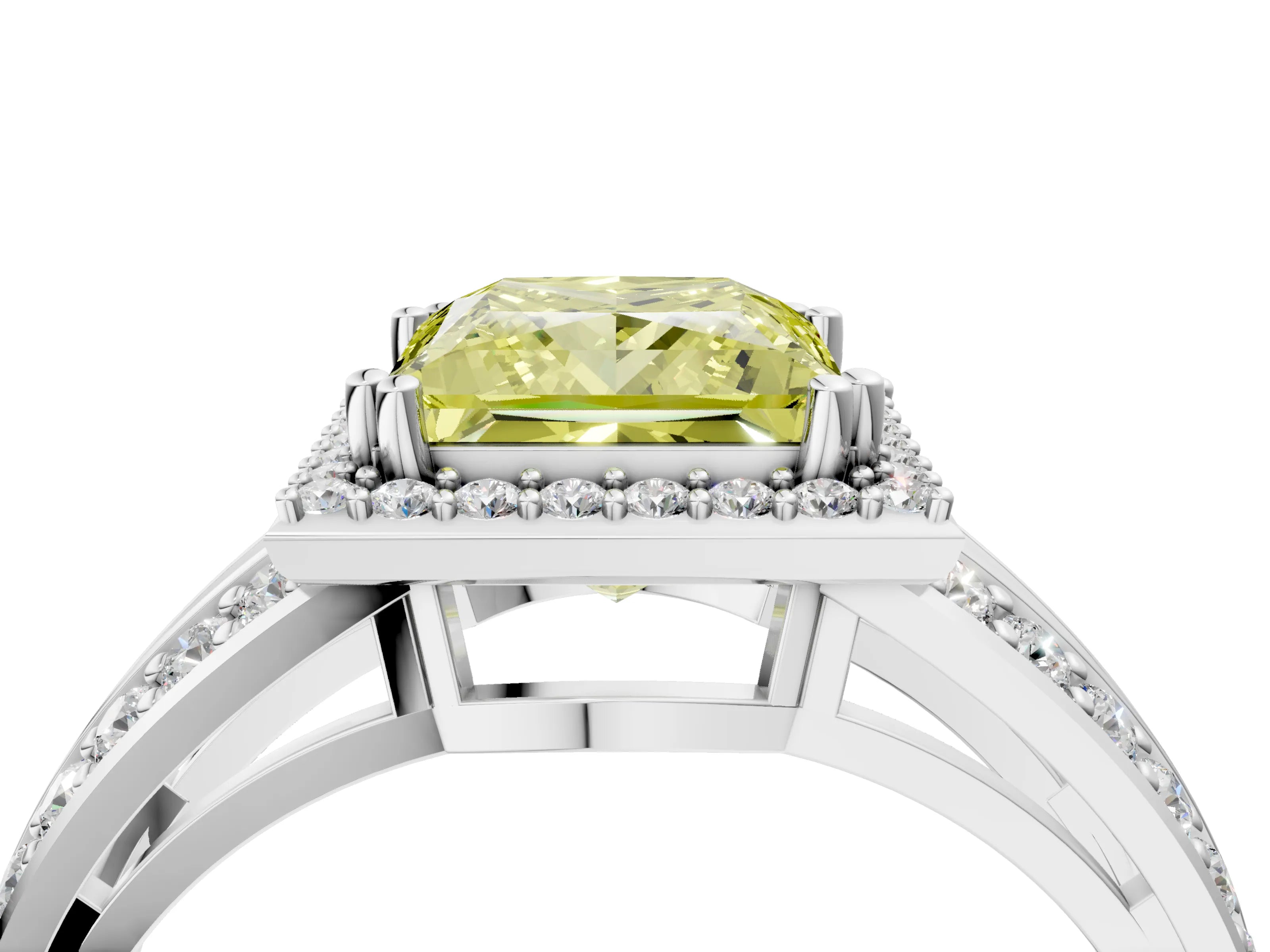 White gold Fancy Yellow Princess Cut Diamond Halo Ring with Split Shank Pavé Band and Four-Prong Setting_4