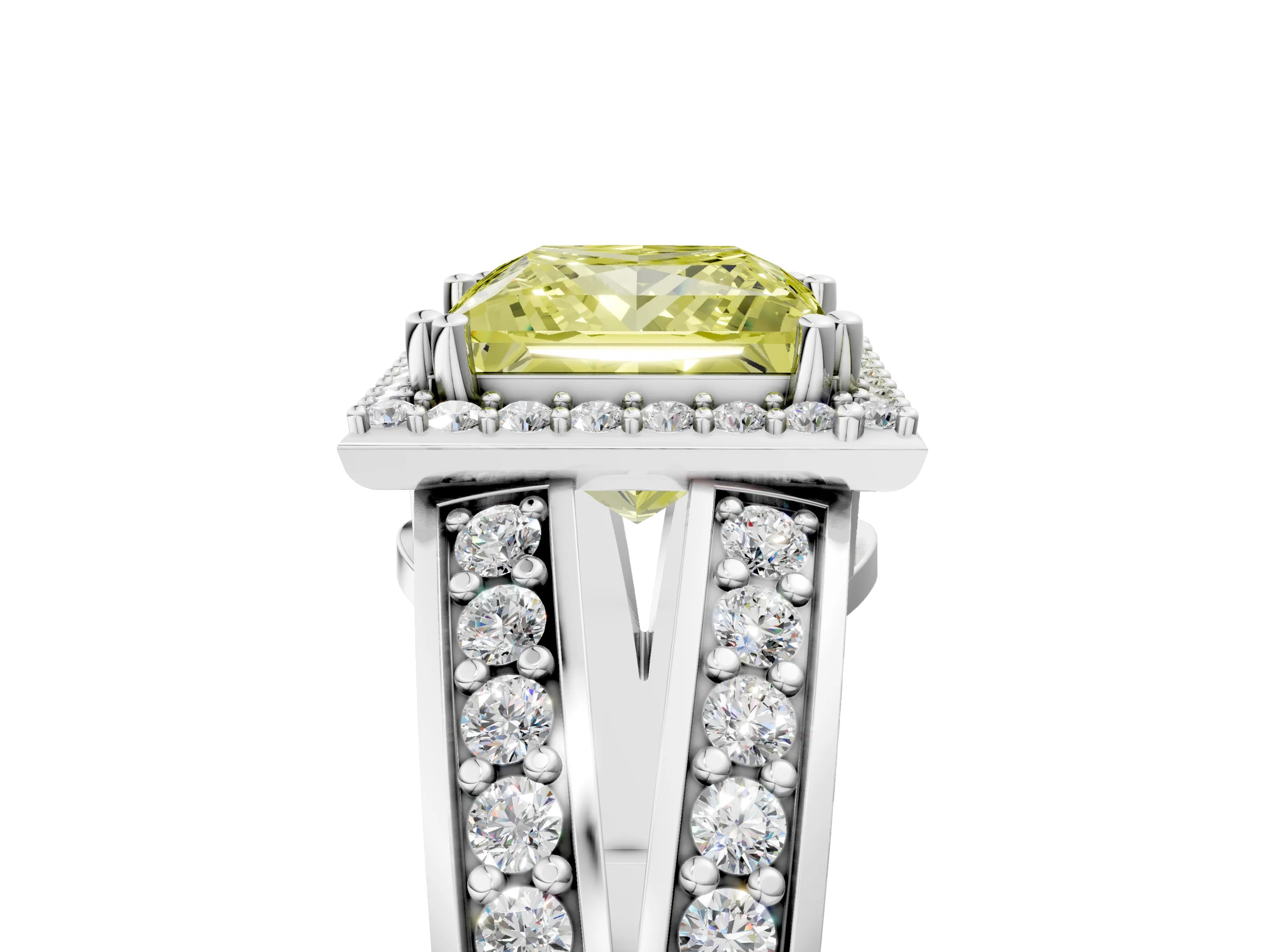 White gold Fancy Yellow Princess Cut Diamond Halo Ring with Split Shank Pavé Band and Four-Prong Setting_5