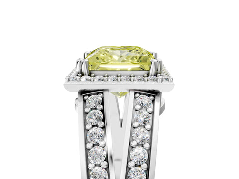 White gold Fancy Yellow Princess Cut Diamond Halo Ring with Split Shank Pavé Band and Four-Prong Setting_5