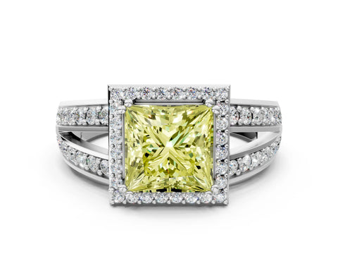 White gold Fancy Yellow Princess Cut Diamond Halo Ring with Split Shank Pavé Band and Four-Prong Setting