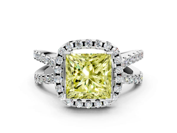 White gold Fancy Yellow Princess Cut Diamond Halo Ring with Split Shank Pavé Band and Prong Setting